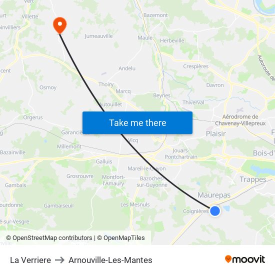 La Verriere to Arnouville-Les-Mantes map