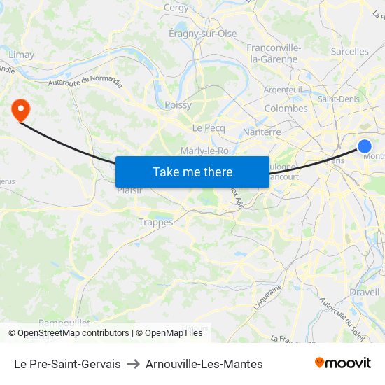 Le Pre-Saint-Gervais to Arnouville-Les-Mantes map