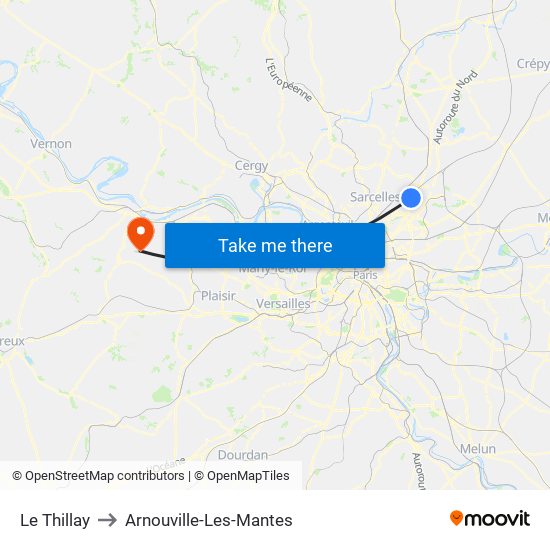 Le Thillay to Arnouville-Les-Mantes map