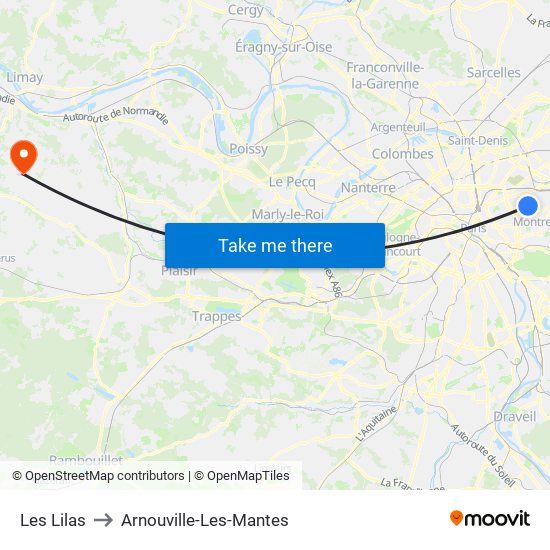 Les Lilas to Arnouville-Les-Mantes map