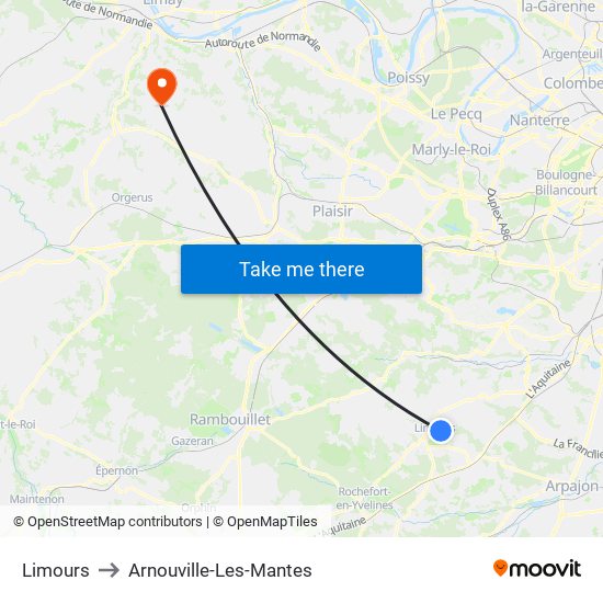 Limours to Arnouville-Les-Mantes map