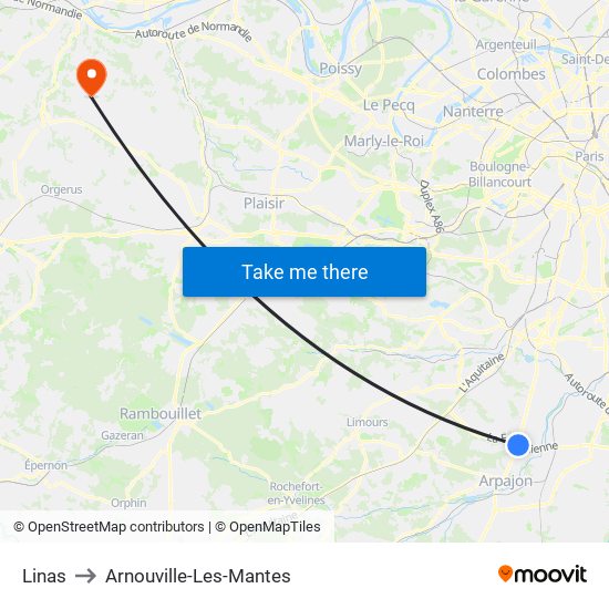 Linas to Arnouville-Les-Mantes map