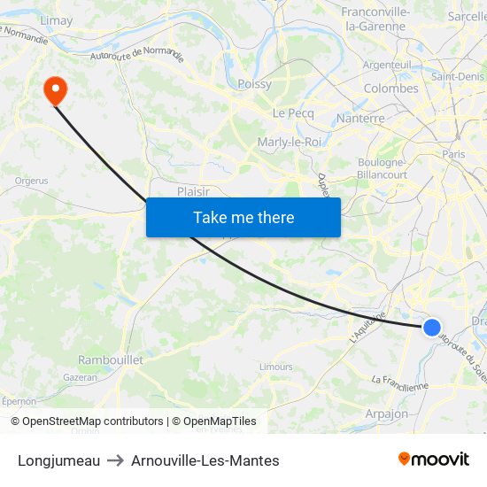 Longjumeau to Arnouville-Les-Mantes map