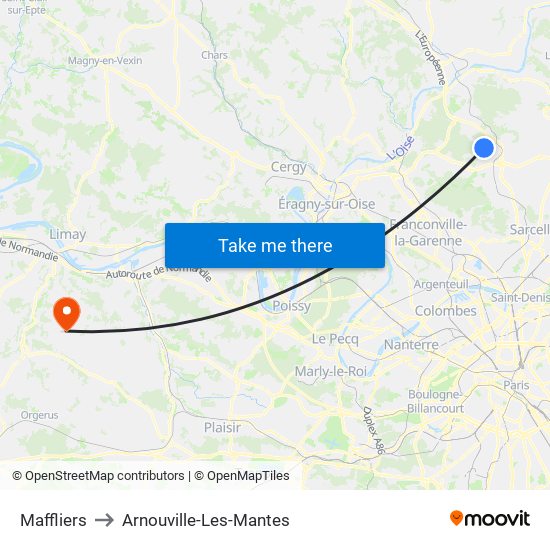 Maffliers to Arnouville-Les-Mantes map