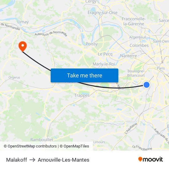 Malakoff to Arnouville-Les-Mantes map