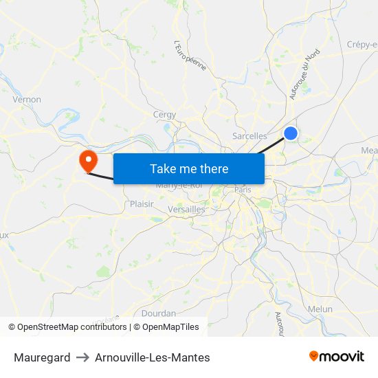 Mauregard to Arnouville-Les-Mantes map