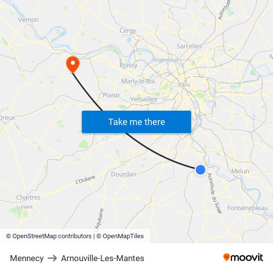 Mennecy to Arnouville-Les-Mantes map