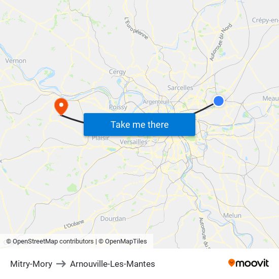 Mitry-Mory to Arnouville-Les-Mantes map