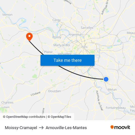 Moissy-Cramayel to Arnouville-Les-Mantes map