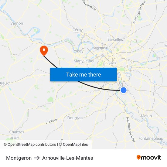 Montgeron to Arnouville-Les-Mantes map