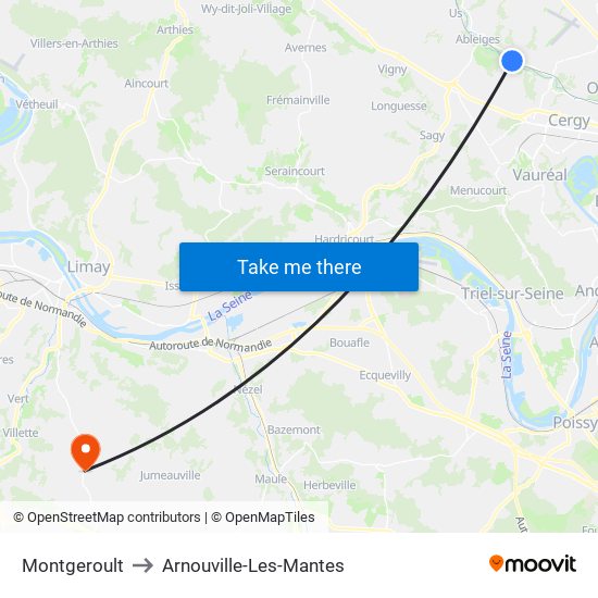 Montgeroult to Arnouville-Les-Mantes map