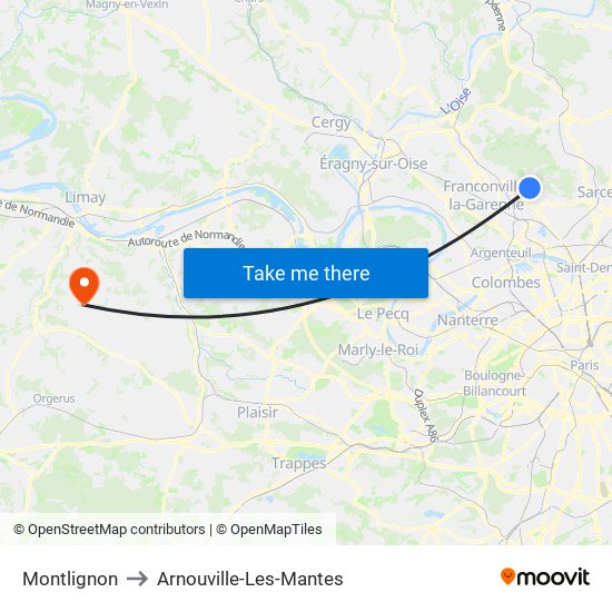 Montlignon to Arnouville-Les-Mantes map