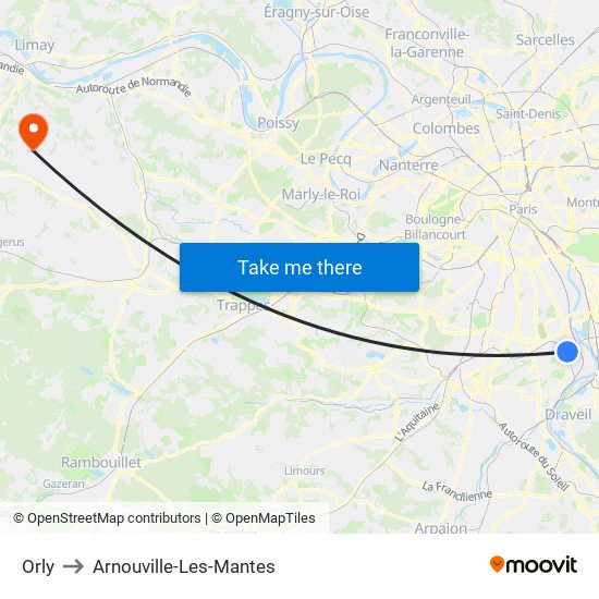 Orly to Arnouville-Les-Mantes map