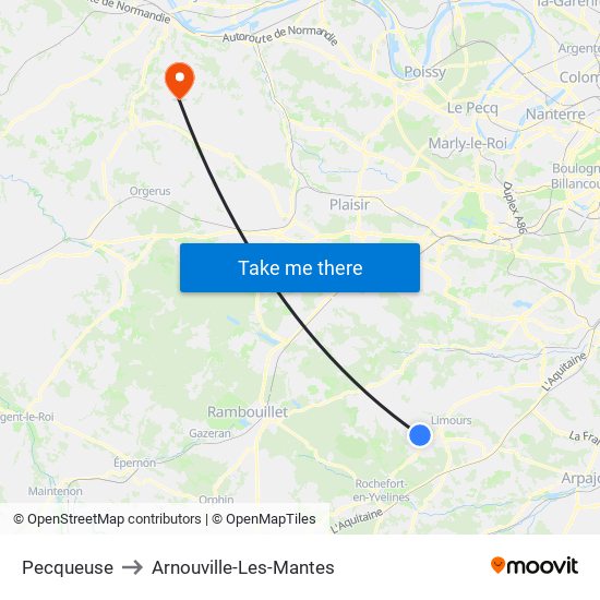 Pecqueuse to Arnouville-Les-Mantes map