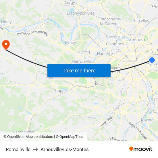 Romainville to Arnouville-Les-Mantes map