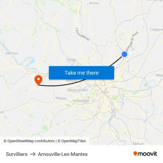 Survilliers to Arnouville-Les-Mantes map