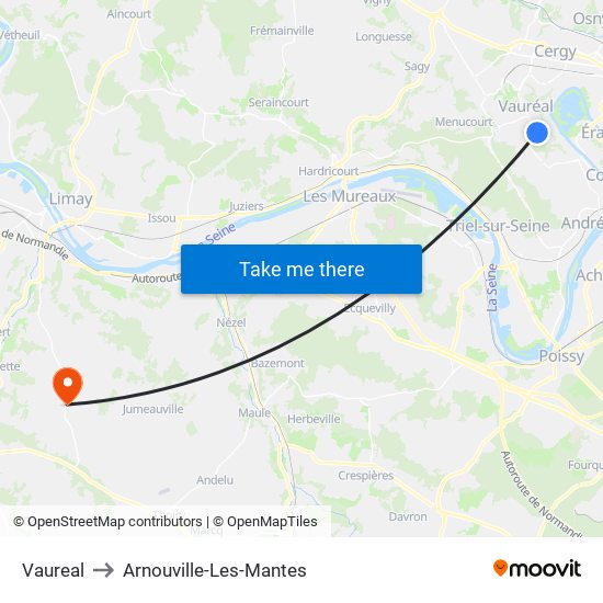Vaureal to Arnouville-Les-Mantes map