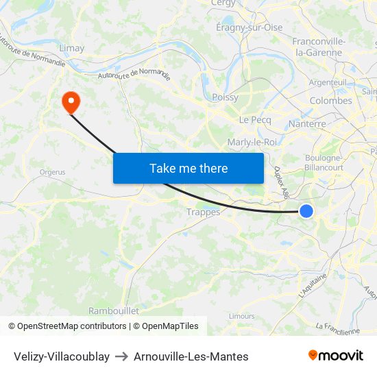 Velizy-Villacoublay to Arnouville-Les-Mantes map