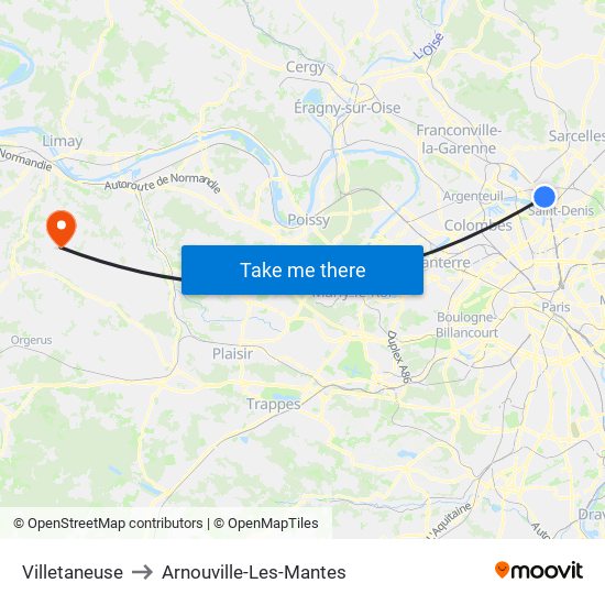 Villetaneuse to Arnouville-Les-Mantes map