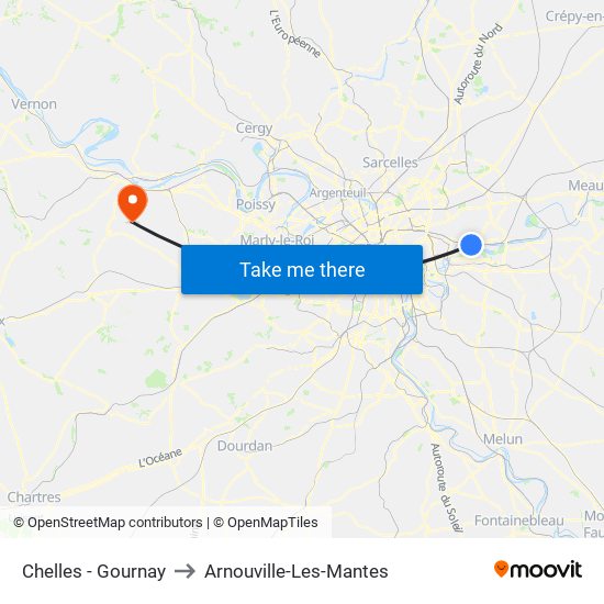 Chelles - Gournay to Arnouville-Les-Mantes map