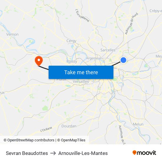 Sevran Beaudottes to Arnouville-Les-Mantes map