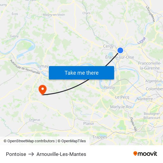 Pontoise to Arnouville-Les-Mantes map