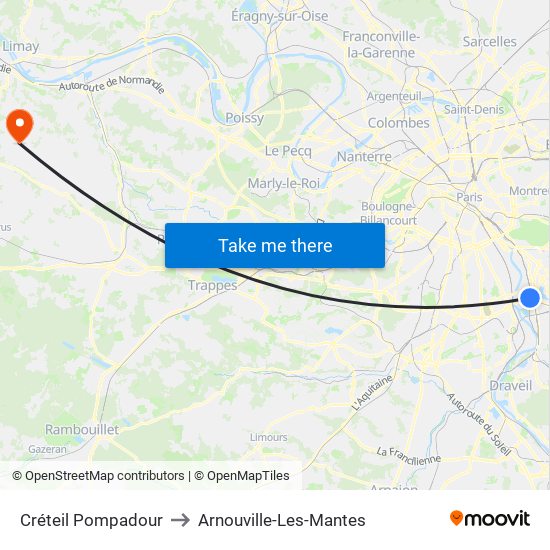 Créteil Pompadour to Arnouville-Les-Mantes map