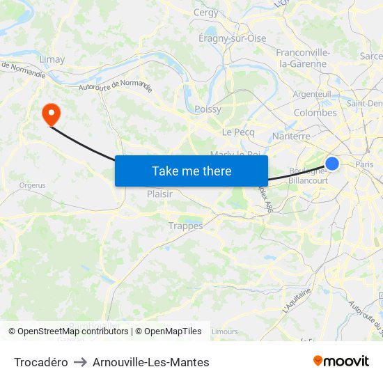 Trocadéro to Arnouville-Les-Mantes map