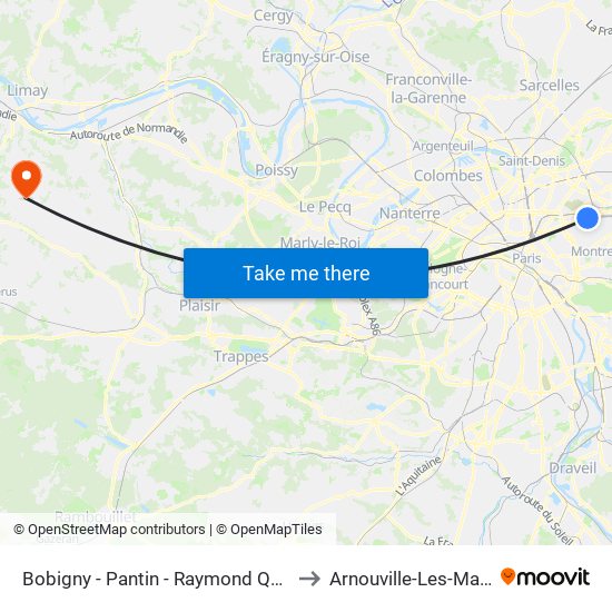 Bobigny - Pantin - Raymond Queneau to Arnouville-Les-Mantes map