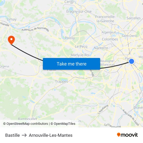 Bastille to Arnouville-Les-Mantes map