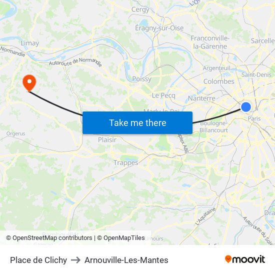 Place de Clichy to Arnouville-Les-Mantes map