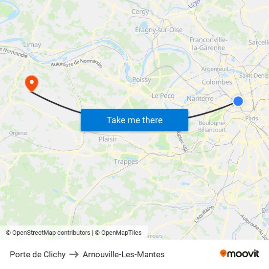 Porte de Clichy to Arnouville-Les-Mantes map