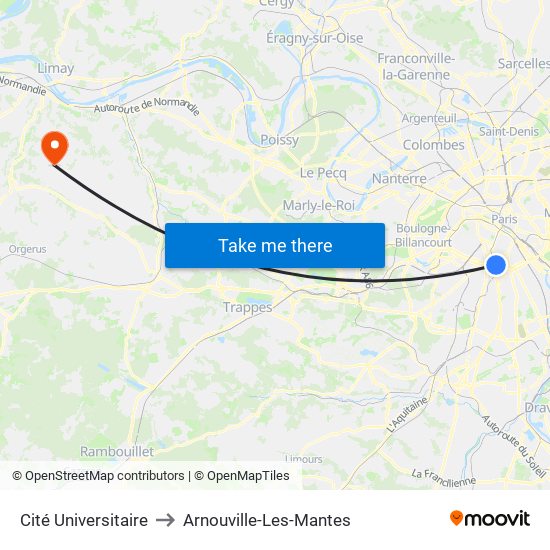 Cité Universitaire to Arnouville-Les-Mantes map