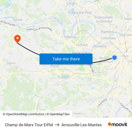 Champ de Mars Tour Eiffel to Arnouville-Les-Mantes map
