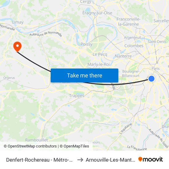 Denfert-Rochereau - Métro-Rer to Arnouville-Les-Mantes map