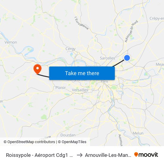 Roissypole - Aéroport Cdg1 (E2) to Arnouville-Les-Mantes map