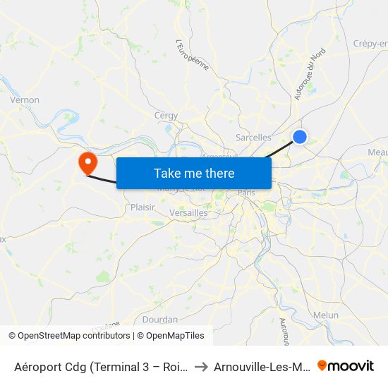 Aéroport Cdg (Terminal 3 – Roissypôle) to Arnouville-Les-Mantes map