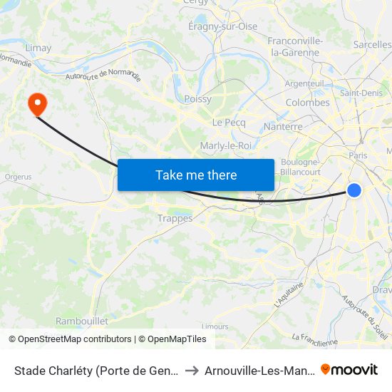 Stade Charléty (Porte de Gentilly) to Arnouville-Les-Mantes map