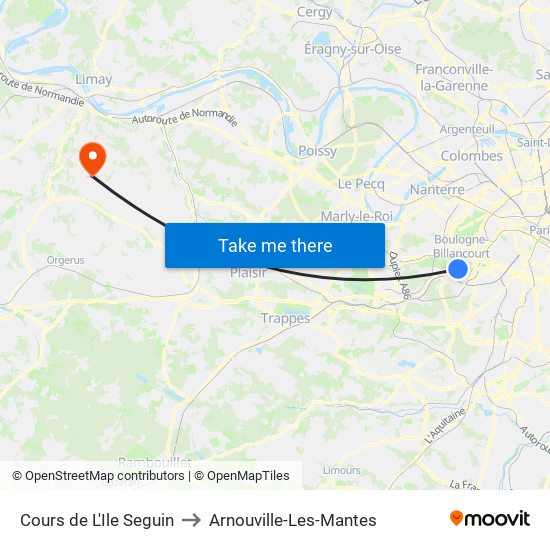 Cours de L'Ile Seguin to Arnouville-Les-Mantes map