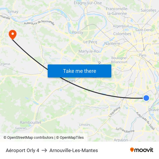 Aéroport Orly 4 to Arnouville-Les-Mantes map
