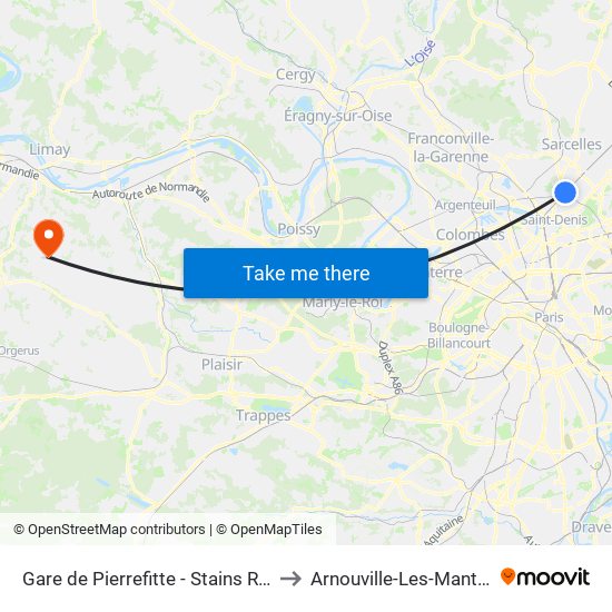Gare de Pierrefitte - Stains RER to Arnouville-Les-Mantes map