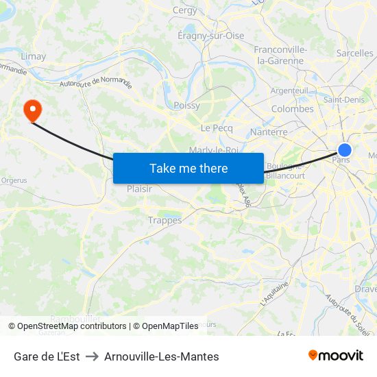 Gare de L'Est to Arnouville-Les-Mantes map