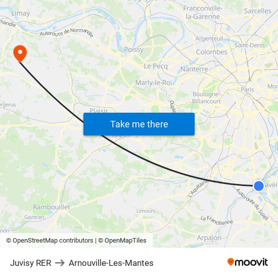 Juvisy RER to Arnouville-Les-Mantes map