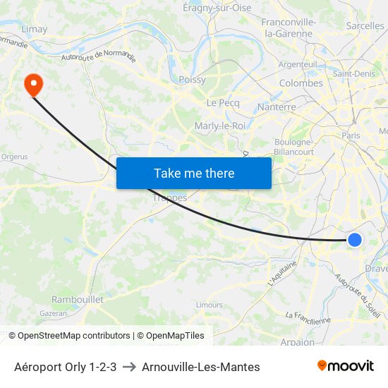 Aéroport Orly 1-2-3 to Arnouville-Les-Mantes map