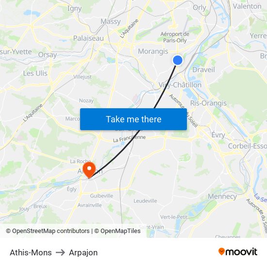 Athis-Mons to Arpajon map