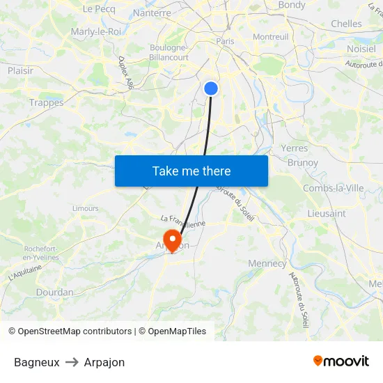 Bagneux to Arpajon map