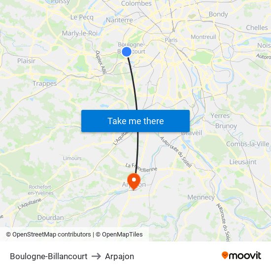 Boulogne-Billancourt to Arpajon map