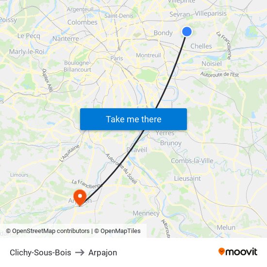 Clichy-Sous-Bois to Arpajon map