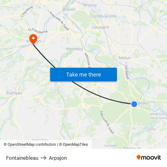 Fontainebleau to Arpajon map