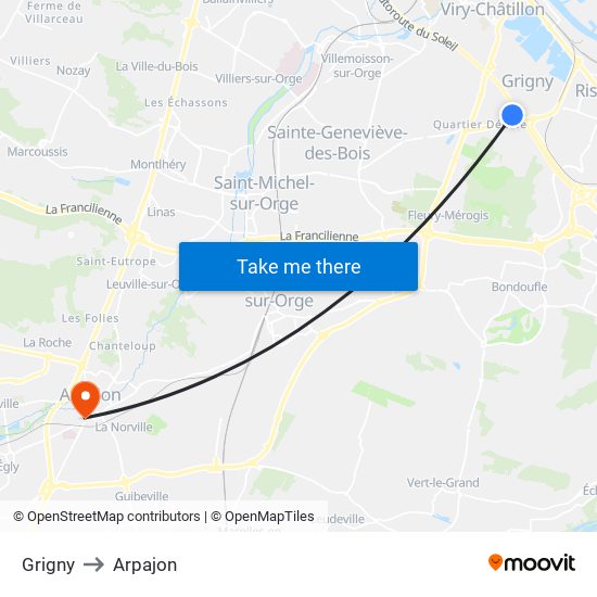 Grigny to Arpajon map